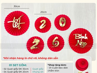 Set 06 quạt giấy Đỏ nhung xịn dán chữ Decor Tết Bính Ngọ 2026 [Nhiều kiểu - Cao cấp] QUAT-07